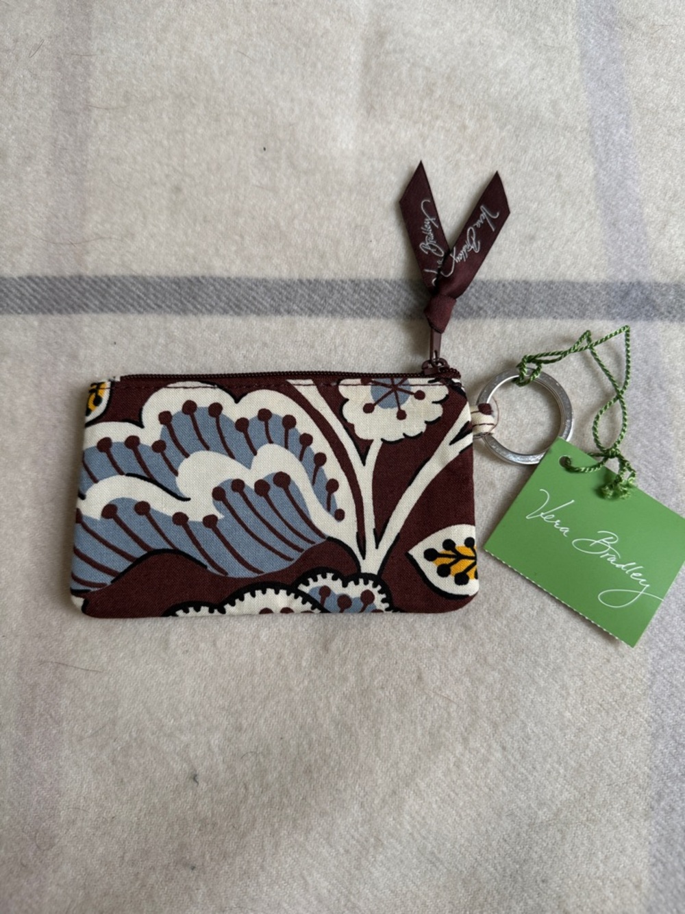 Vera Bradley Brown and Blue Floral Zip ID Case SLATE BLOOMS